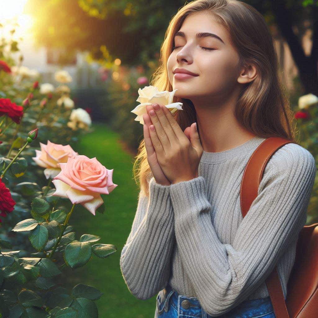 A young person being grateful when she senses the fragrance of the rose flowers in a garden