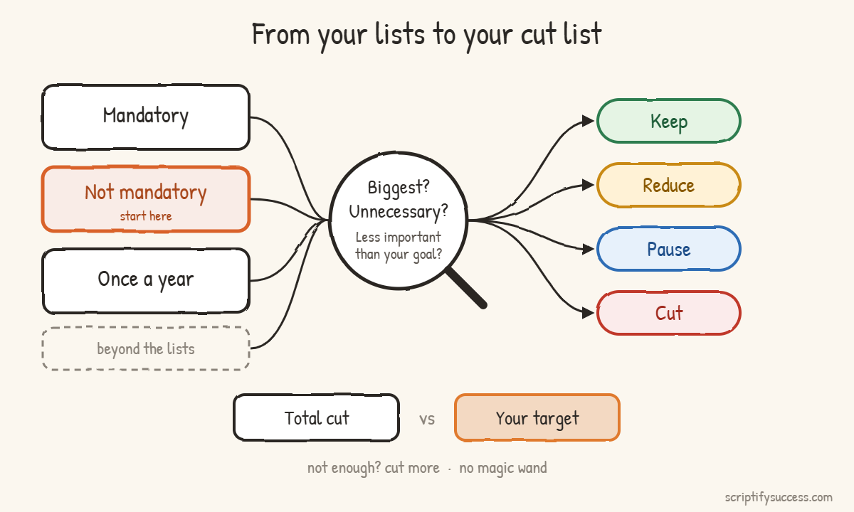 Diagram showing the mandatory, not mandatory and once-a-year expense lists checked for the biggest and unnecessary items and anything less important than your goal, then sorted into keep, reduce, pause or cut and compared with your target