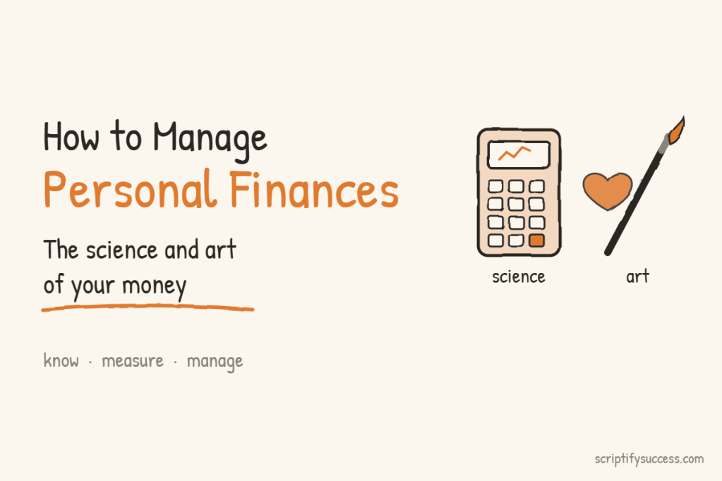 Doodle of a calculator labeled science and a paintbrush with a heart labeled art, for the article How to Manage Personal Finances