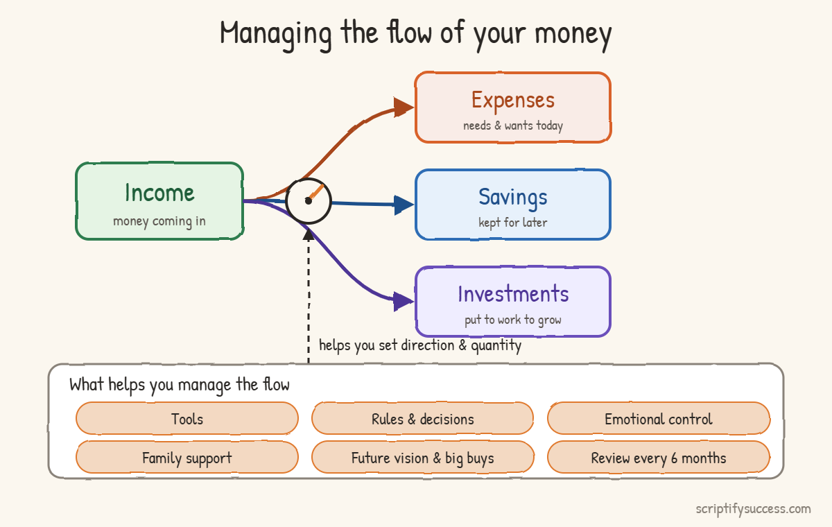 Diagram of income flowing into expenses, savings and investments through a dial for direction and quantity, with tools, rules and decisions, emotional control, family support, future vision and big buys, and review as what helps you manage the flow