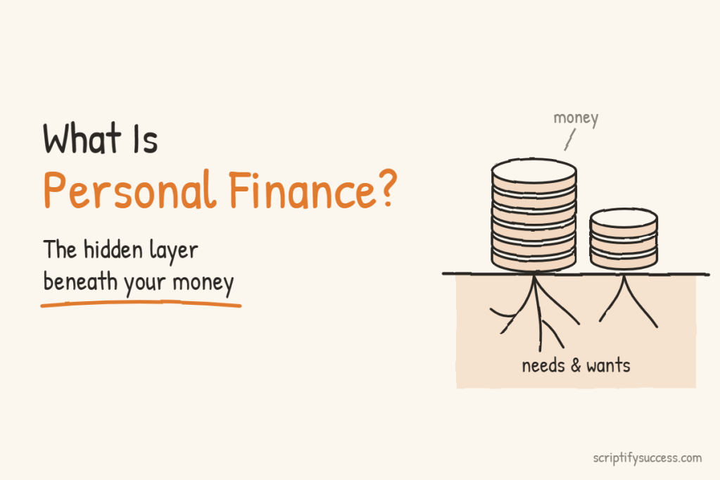 Doodle of coin stacks above the ground with roots beneath labeled needs and wants, for the article What Is Personal Finance?